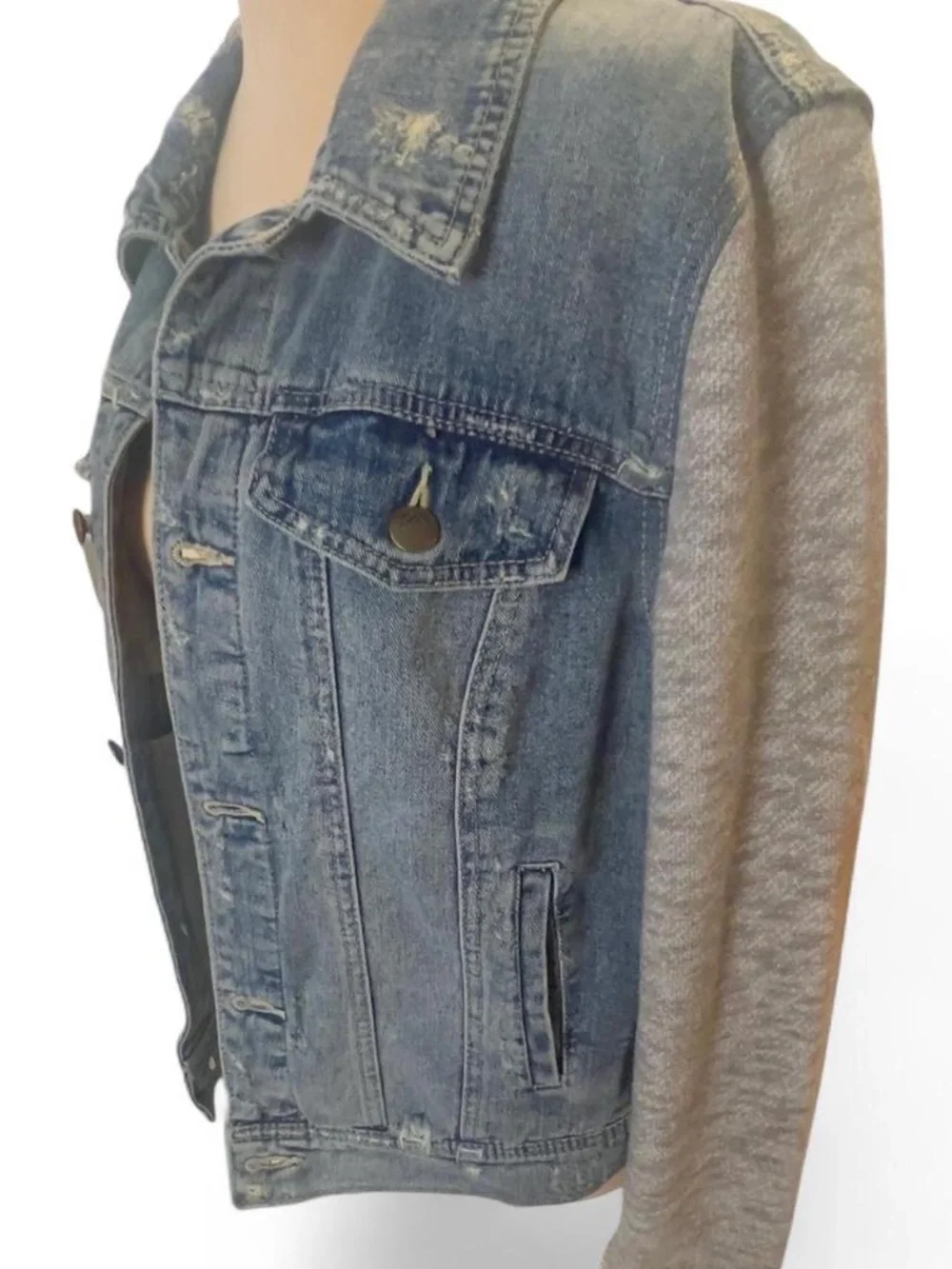 Free People Distressed Denim Jacket with Jersey Sleeves & Detachable Hood - Picture 5 of 8